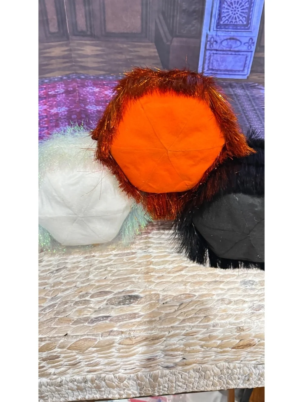 Fringe Tinsel Pumpkin Decor lot of 3 Orange, Black and Iridescent Hyde and Eek